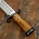 Handle closeup of Kingsmarch Bowie knife, Pakkawood Handle Dual Blood grooved, Hand Forged Damascus Guard, D2 Blade