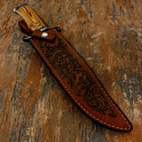 Kingsmarch Bowie inside the leather sheath, Hand Crafted and Engraved Leather sheath, scrollwork
