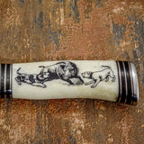 The boar is illustrated with its powerful body angled forward while the dogs move around it in pursuit, creating a layered composition filled with motion and energy
