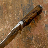 Satin-finished D2 tool steel blade known for durability and edge retention
