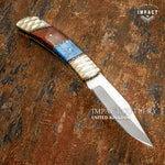 Intricately designed Lock Back knife with decorative Jewellery grade scalloped brass bolsters, file worked brass spacers, Exotic Bone & Turquoise. Custom made by IMPACT CUTLERY UK, Uk Knife store, UK Knife shop, UK Knife seller
