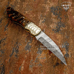 Intricately designed Folding damascus knife, decorative Jewellery grade scalloped brass bolsters, file worked brass spacers, Exotic ram horn handle. UK Knife store, UK Knife seller, UK Knife shop