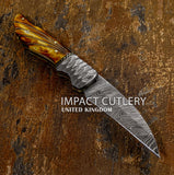 CUSTOM DAMASCUS FOLDING POCKET KNIFE HAND MADE BY IMPACT CUTLERY UK, Knife Store, Buy Knife, Damascus Bolsters, Carved Bone Handle
