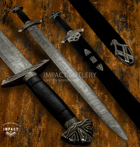 Hand-Forged Damascus Viking Sword – 33.5" Norse-Inspired Longsword with Custom Scabbard, Buy UK Swords