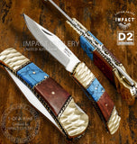 Intricately designed Lock Back knife with decorative Jewellery grade scalloped brass bolsters, file worked brass spacers, Exotic Bone & Turquoise. Custom made by IMPACT CUTLERY UK, Uk Knife store, UK Knife shop, UK Knife seller