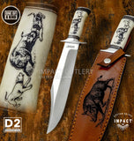 'Wild Boar Hunter' Handmade Art Bowie Knife Engraved Bone, UK Custom Bowie knife