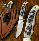 'Wild Kingdom' Custom Hunter Skinning Knife, Scrimshaw Engraving, Buy from UK Knife Store