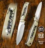 custom handmade hunting knife featuring a satin-finished D2 tool steel blade, polished brass guard, and beautifully engraved camel bone scales.