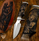 Knife with leopard design handle and sheath on a wooden background, featuring Impact Cutlery branding.