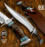Model # 8053 "Turquoise Mesa" a huge custom made bowie knife with Burl Wood and Gemstone Handle, Large D2 Bowie Blade, Hand Forged Steel fittings