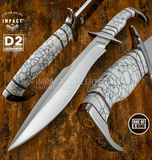 White Canyon is a striking one-of-a-kind Bowie knife built around the dramatic contrast of its white gemstone handle and sculpted polished fittings.