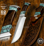 Custom fixed-blade Knife with dark wood handles, turquoise Gemstone inlay, and polished steel blades are displayed alongside a brown leather sheath with floral tooling.