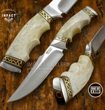 The Sandstone handcrafted hunting knife combining a broad satin-finished D2 Tool Steel blade with a beautifully sculpted camel bone handle. Intricately fitted Fileworked Brass Spacers