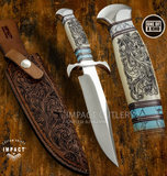 Canyon Scroll Custom Bowie Knife, with Engraved Bone Handle with Gemstone Inlays, Engraved Scrollwork Leather sheath