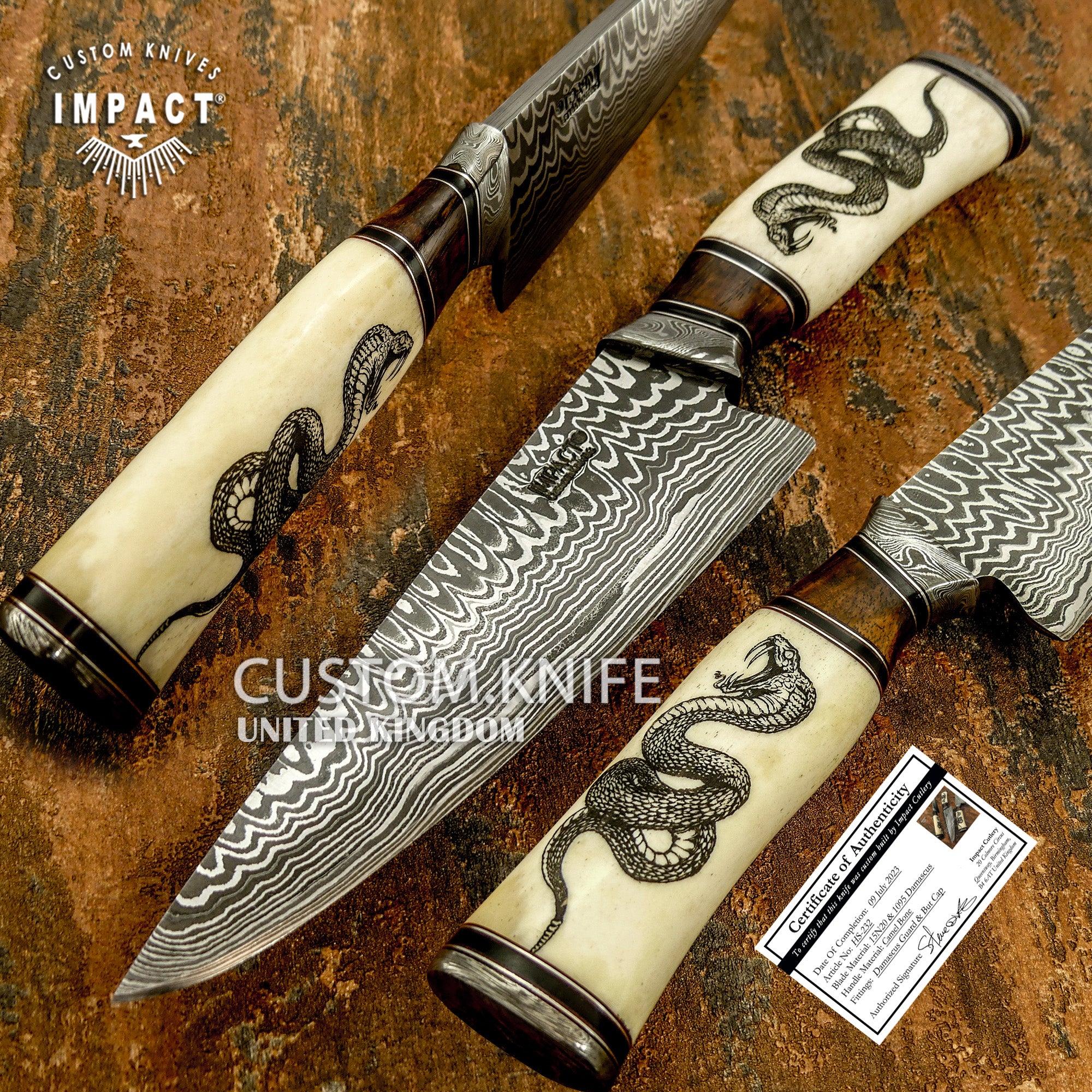 ☆イギリス IMPACT製 大型カスタムナイフ・ブレードD2鋼・ヒルト・キャップ・ダマスカス鋼☆ ☆イギリス IMPACT製 大型 カスタムナイフ・ブレードD2鋼・ヒルト