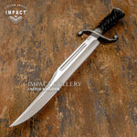 Impact Cutlery UK Custom Grooved Spine Bowie 

Overall: 18.30" Long, Blade: 13" Long, Thickness: 5.75 mm
D2 Tool Steel Blade, Hand-forged damascus Guard, Spiral-twisted Bull Horn Handle, UK Knife store, UK Knife seller.
