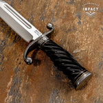 Impact Cutlery UK Custom Grooved Spine Bowie 

Overall: 18.30" Long, Blade: 13" Long, Thickness: 5.75 mm
D2 Tool Steel Blade, Hand-forged damascus Guard, Spiral-twisted Bull Horn Handle, UK Knife store, UK Knife seller.
