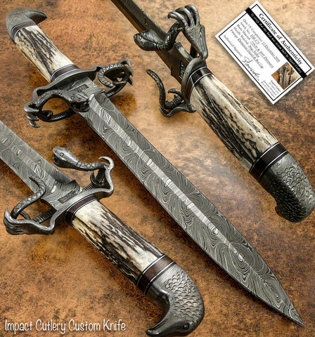 IMPACT CUTLERY RARE CUSTOM DAMASCUS DAGGER KNIFE STAG ANTLER
