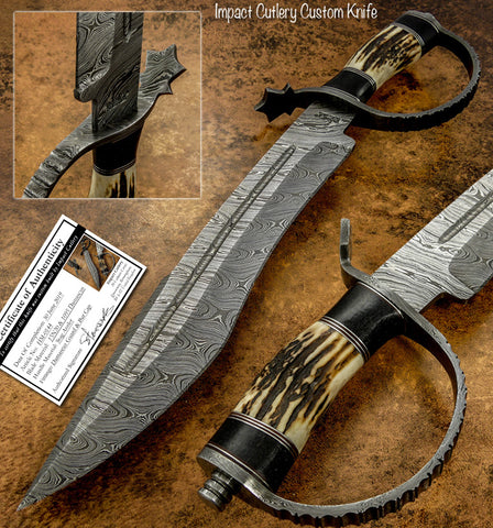 Buy UK Custom Damascus Bowie Knife, Stag Antler, D-guard