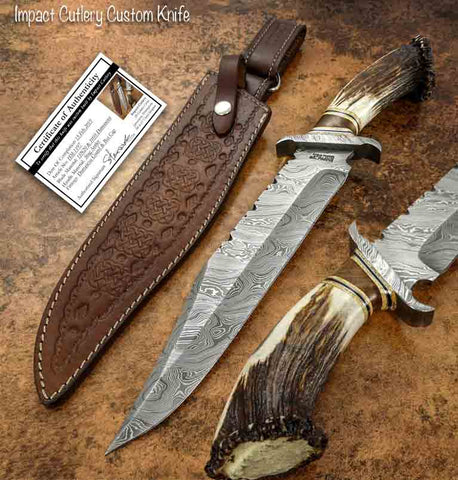 Buy UK Handmade Knife, UK Custom Knife, UK Hand made Knife, Hunting Knife, Dagger, Sword, Pocket Knife, Folding Knife, Chef Knife, Tracker, Survival knife, Bespoke, Kitchen Knife, Cleaver Knife, Bush craft, Axes, Hatchets, Matchets, Hand Forged Damascus, CROWN ANTLER PREDATOR DAMASCUS BOWIE