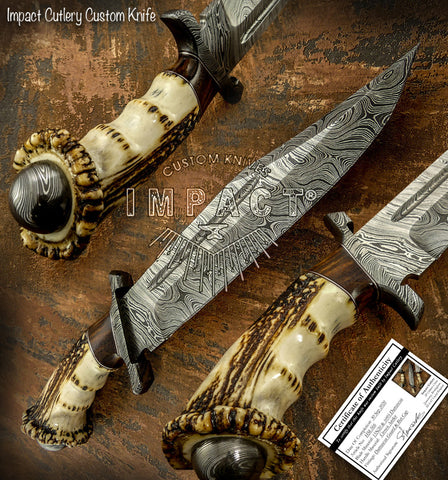 Buy UK Handmade Knife, UK Custom Knife, UK Hand made Knife, Hunting Knife, Dagger, Sword, Pocket Knife, Folding Knife, Chef Knife, Tracker, Survival knife, Bespoke, Kitchen Knife, Cleaver Knife, Bush craft, Axes, Hatchets, Matchets, Hand Forged Damascus, CROWN ANTLER BOWIE