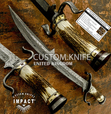 IMPACT CUSTOM DAMASCUS STAG BOWIE KNIFE