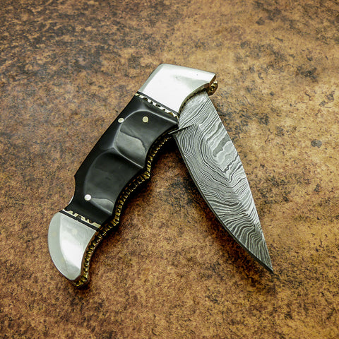 Buy UK Custom Damascus Knife, UK Folding Knife, UK Pocket Knife, UK Lock Back Knife, Bull Horn
